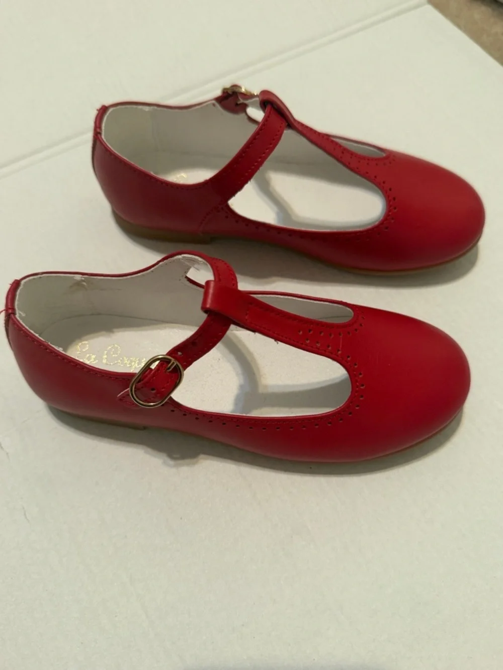La Coqueta Red Leather T-Bar Mary Jane Shoes EU 27 US 10